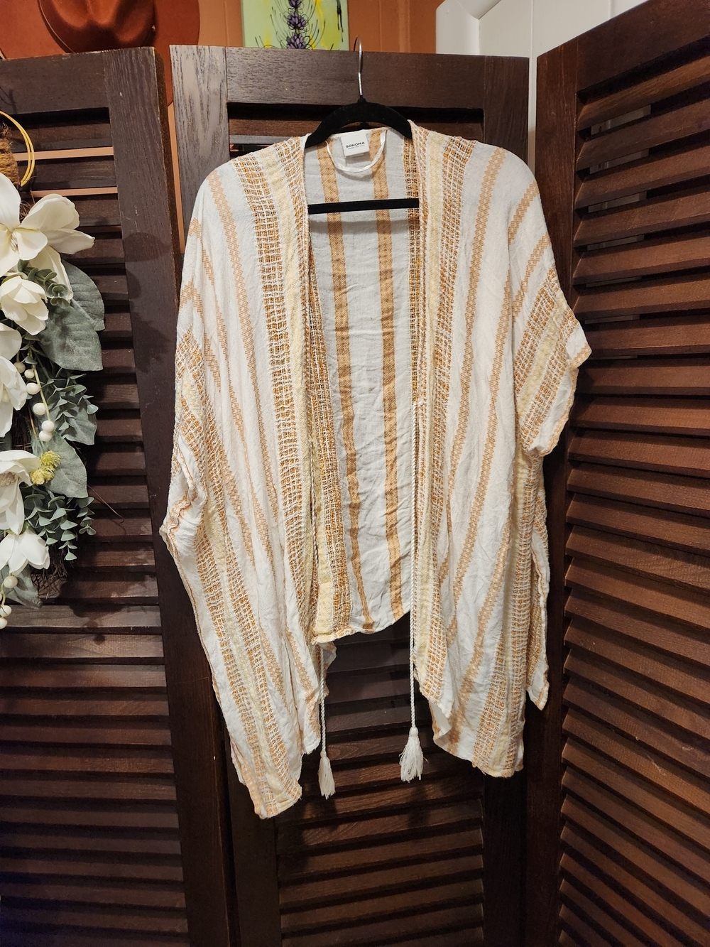 Sonoma Cream and Tan Striped Open-Front Poncho
